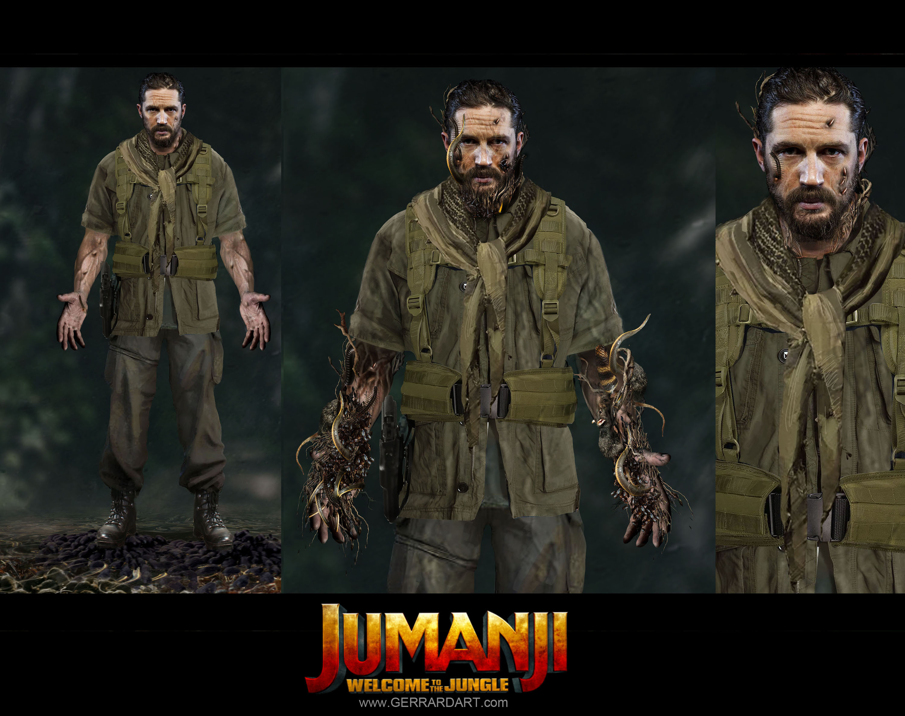 Previously unreleased concept art from the movie JUMANJI. I believe some of these scenes where cut and using an actor that never got cast.
www.GERRARDART.com