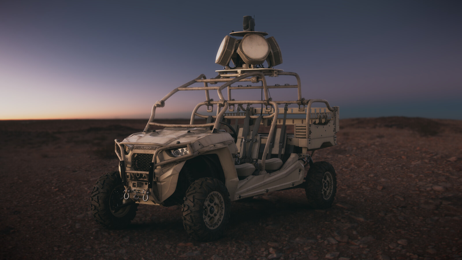 MRZR model provided, Top Radial Antennas fully modeled by me, some model cleanup, Texturing, Shading, Render, Composite.