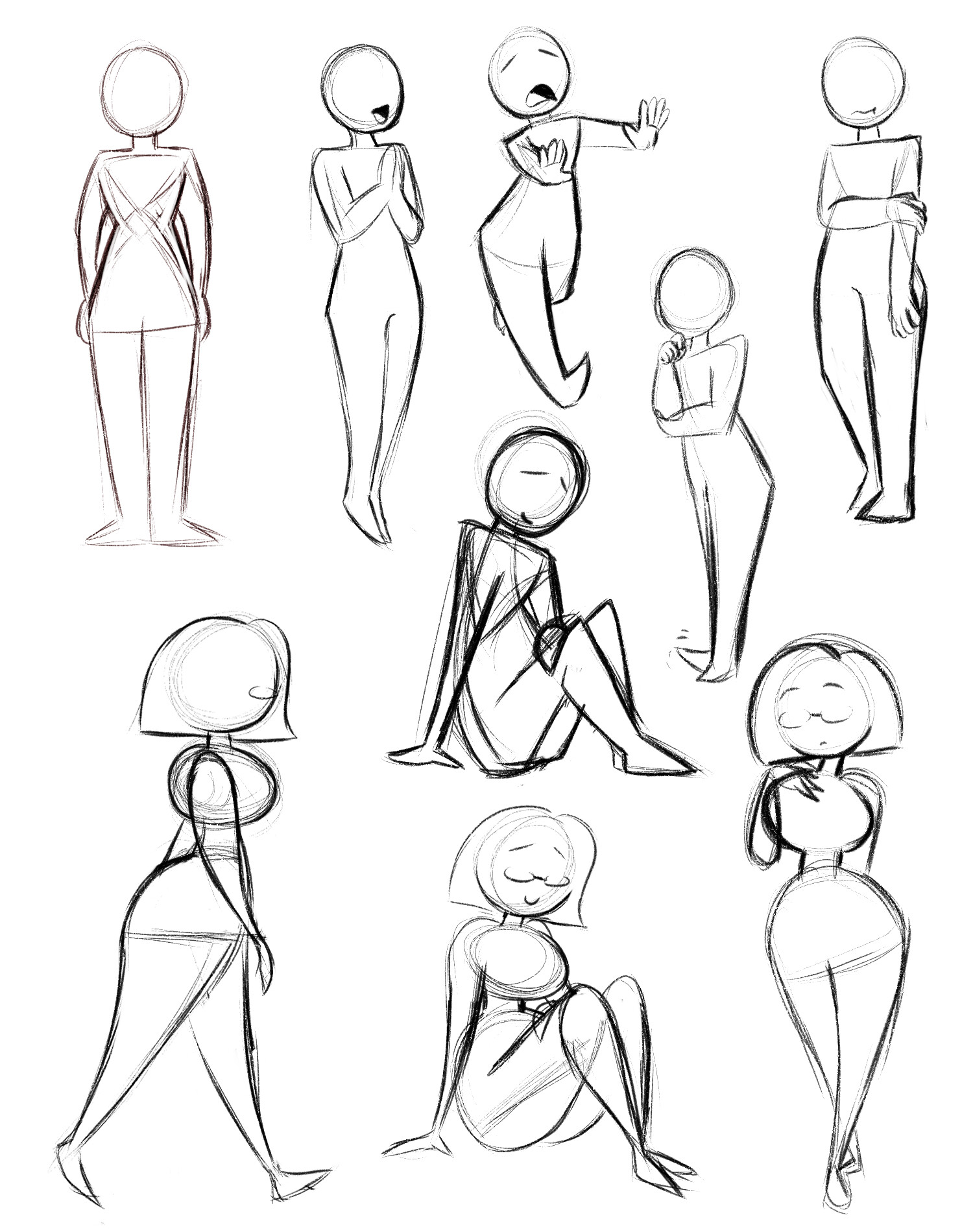 Various test rough sketches and poses of Lisa, for an animated short, Invisible, 2019