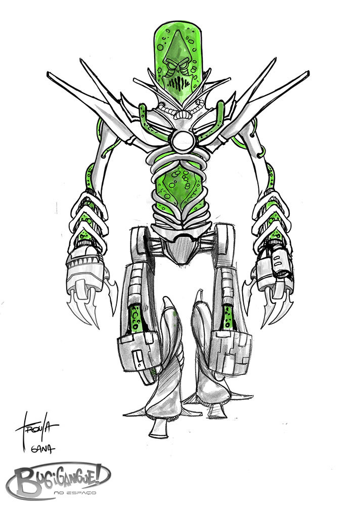 Designs for Gana without his skirt showing off his robotic legs. 