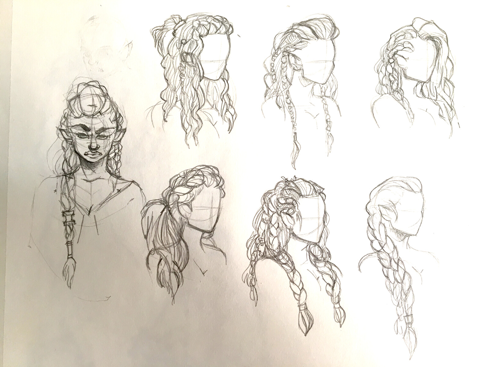 Hair sketches, from Viking and Celtic braiding studies. 
