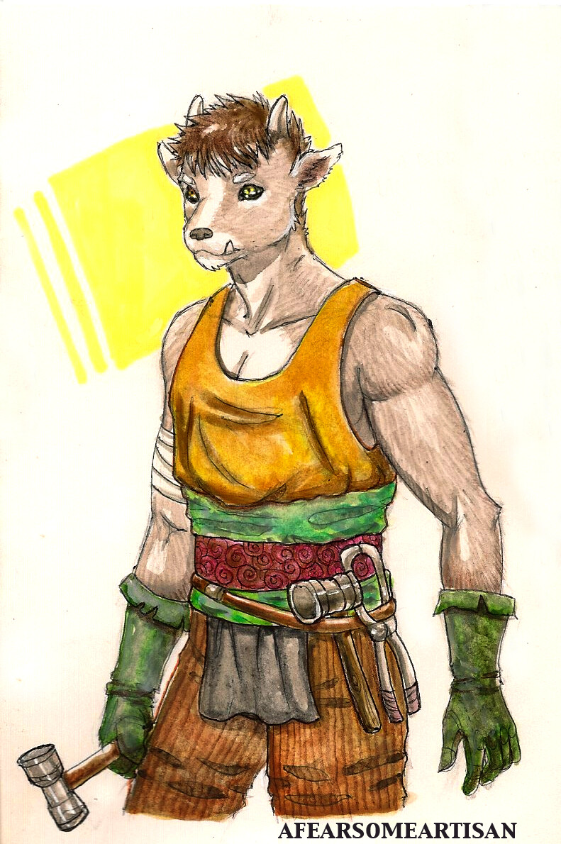 Marker drawing of an original blacksmith character concept.