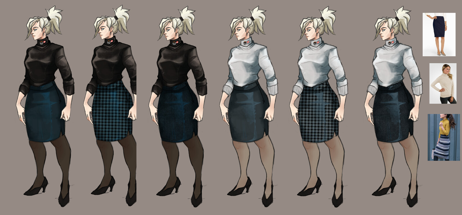 Ideations with research. I played with different textures, such as herringbone and houndstooth in her skirt.