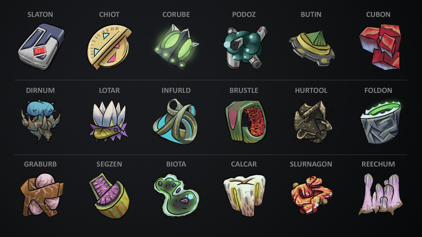 The item upgrade fragments in Hurtworld will add and permanently bind upgrade stats to your items. These needed to be ambigous 3D assets that were just interesting to look at. I concepted these and with a little tweaking created the assets also.