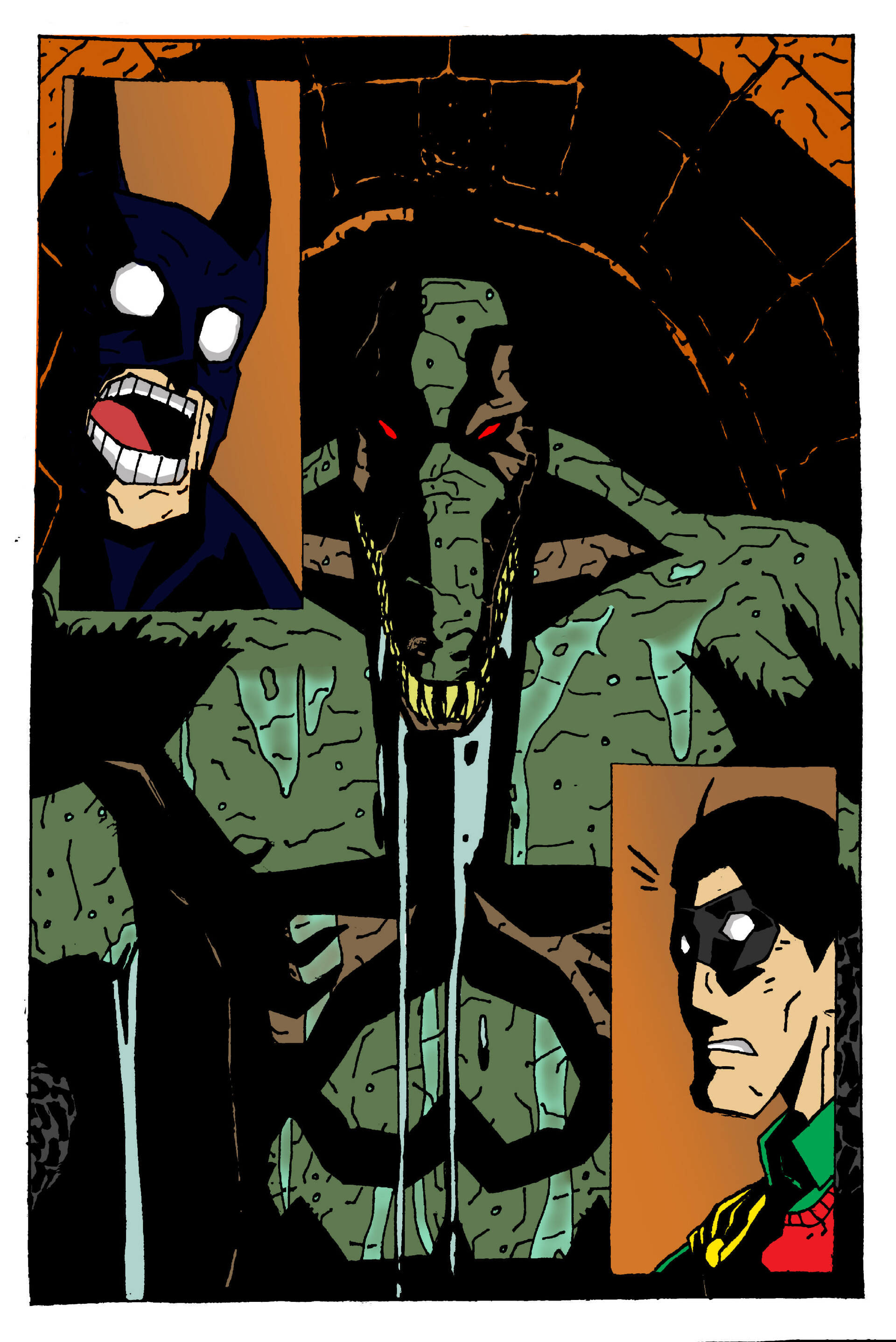 Diego Freitas - Mike Mignola inspired panel of batman and robin finding  killer croc