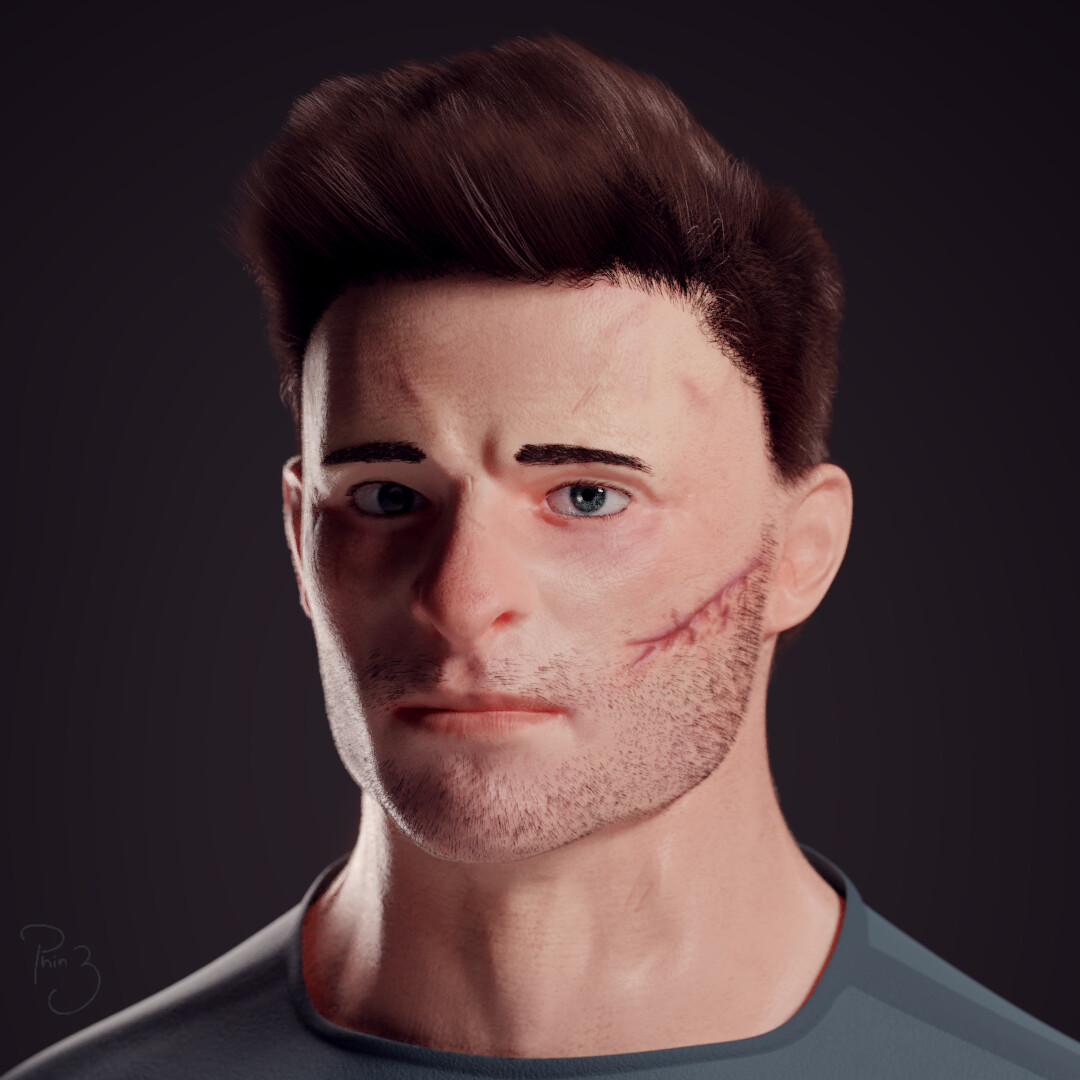 A 3D render of a person with a cut on their cheek.