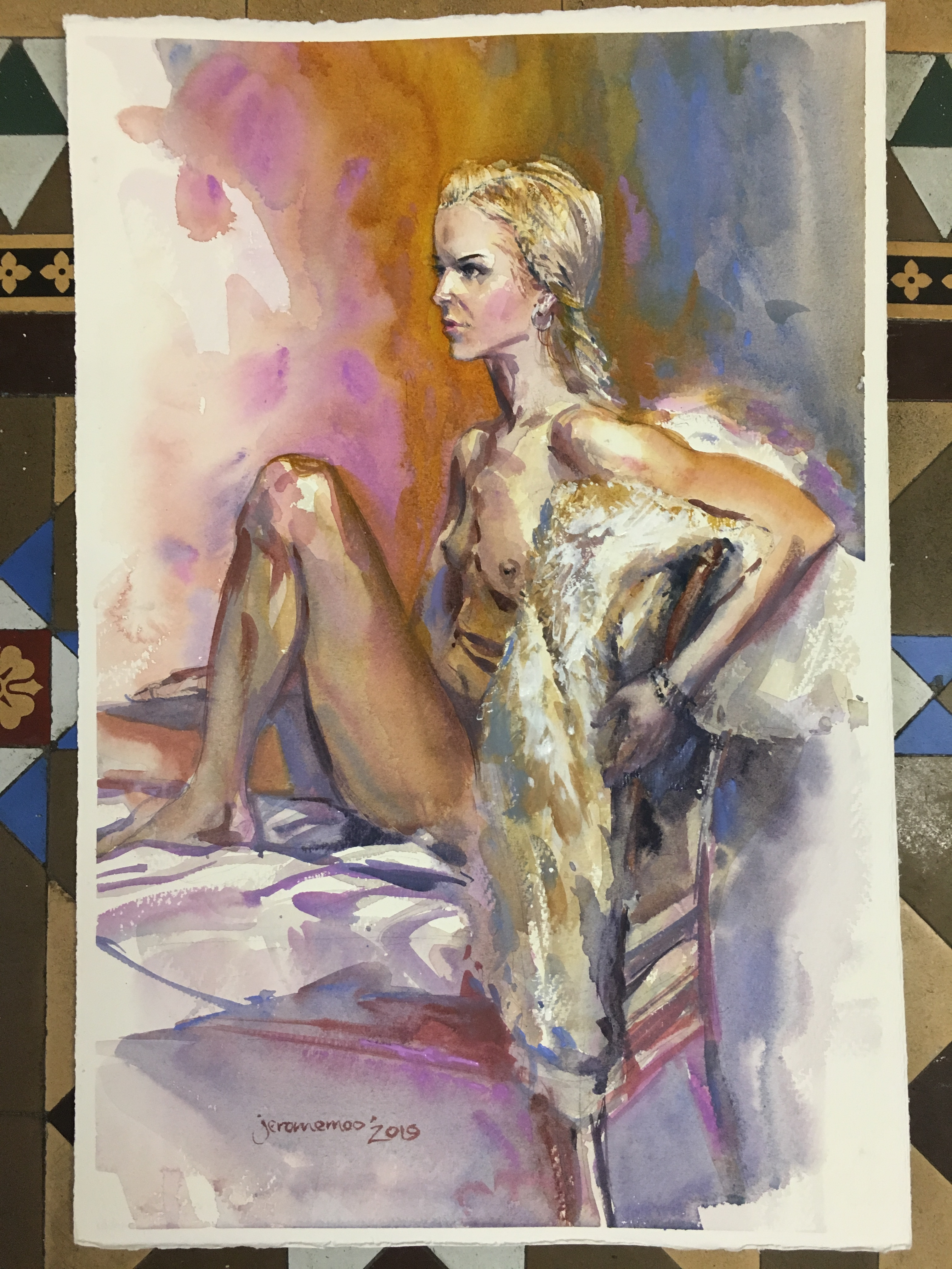 Long Pose Life Drawing of Bella 
Watercolour on 28x38cm 425gsm Rough Saunders Waterford Watercolour Paper