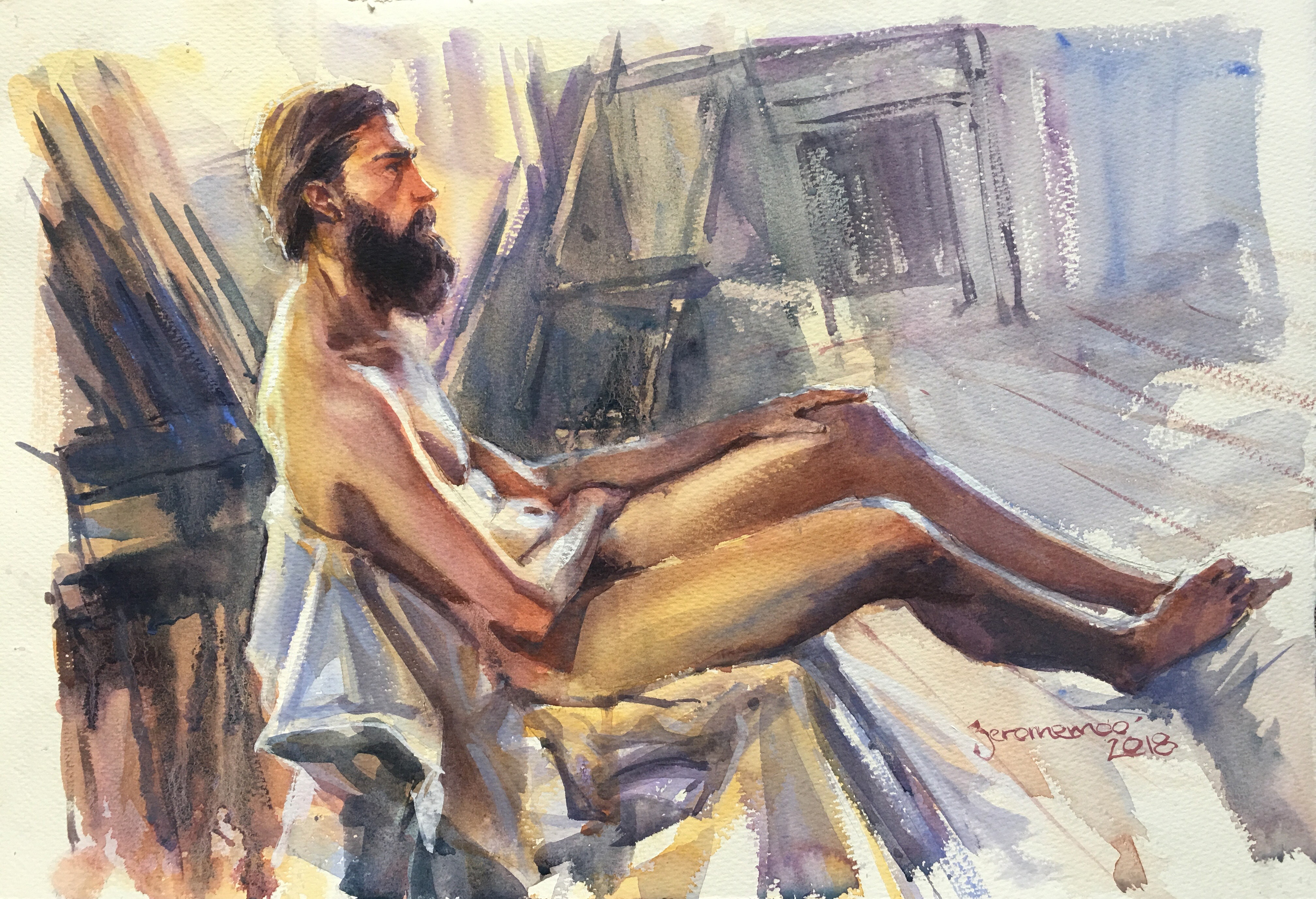 Long Pose Life Drawing of Jesse 
Watercolour on A3 Medium 300gsm Arches Watercolour Paper