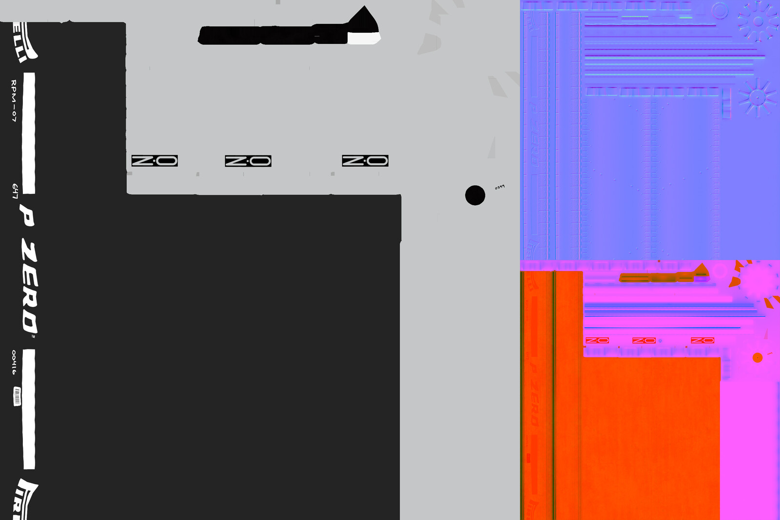 Base Colour includes an alpha channel to mask the Pirelli P Zero logo and stripes. This makes swapping tire compound colours a breeze in UE4.

Normal.

Ambient Occlusion, Roughness, Metallic - channel packed in Substance.

All textures 2048*2048.