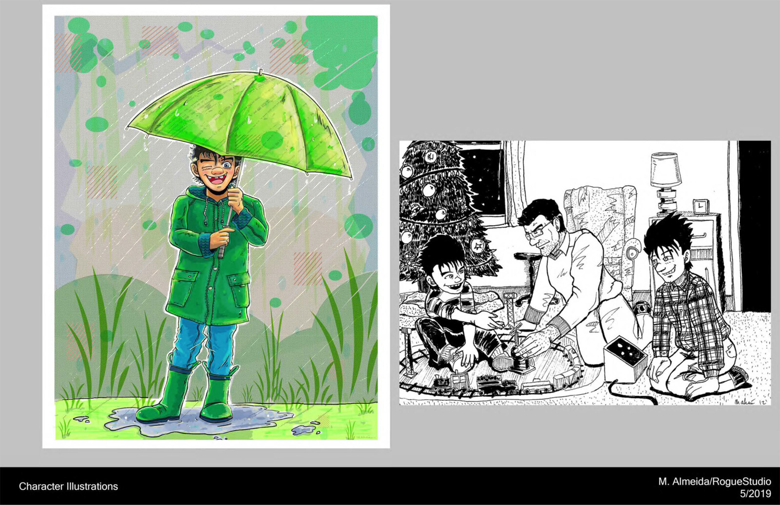 Character illustrations.
Medium- Photoshop (Left), Ink (right)