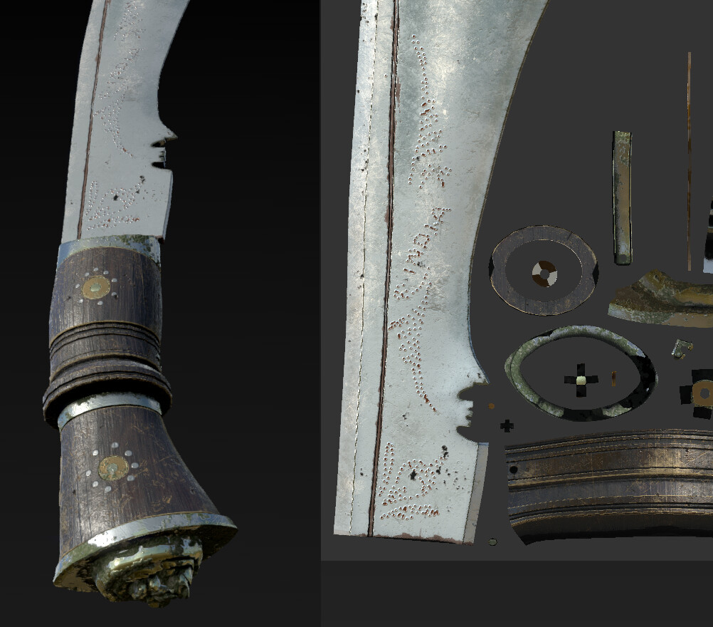 "India" punctured on sword blade. There was a real prop that i was using a reference with all those details.