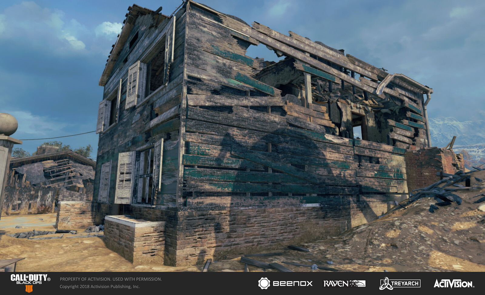 Exterior of one of the main Nuketown houses. The destroyed aesthetic was based on its Black Ops 2 Zombies version. I upgraded the overall fidelity by re-configuring existing materials and models of higher quality.