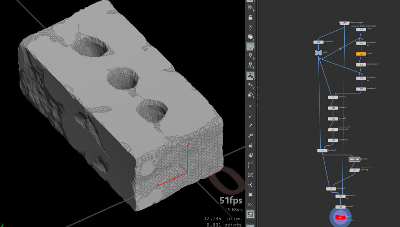 Procedural Brick. Multiple variants generated.. Each brick is fractured in to 2 peaces. So.. when i am doing simulation (on packed RBD) they can split in half.. Half of the bricks are replaced with fractured one for optymalization purpose. 