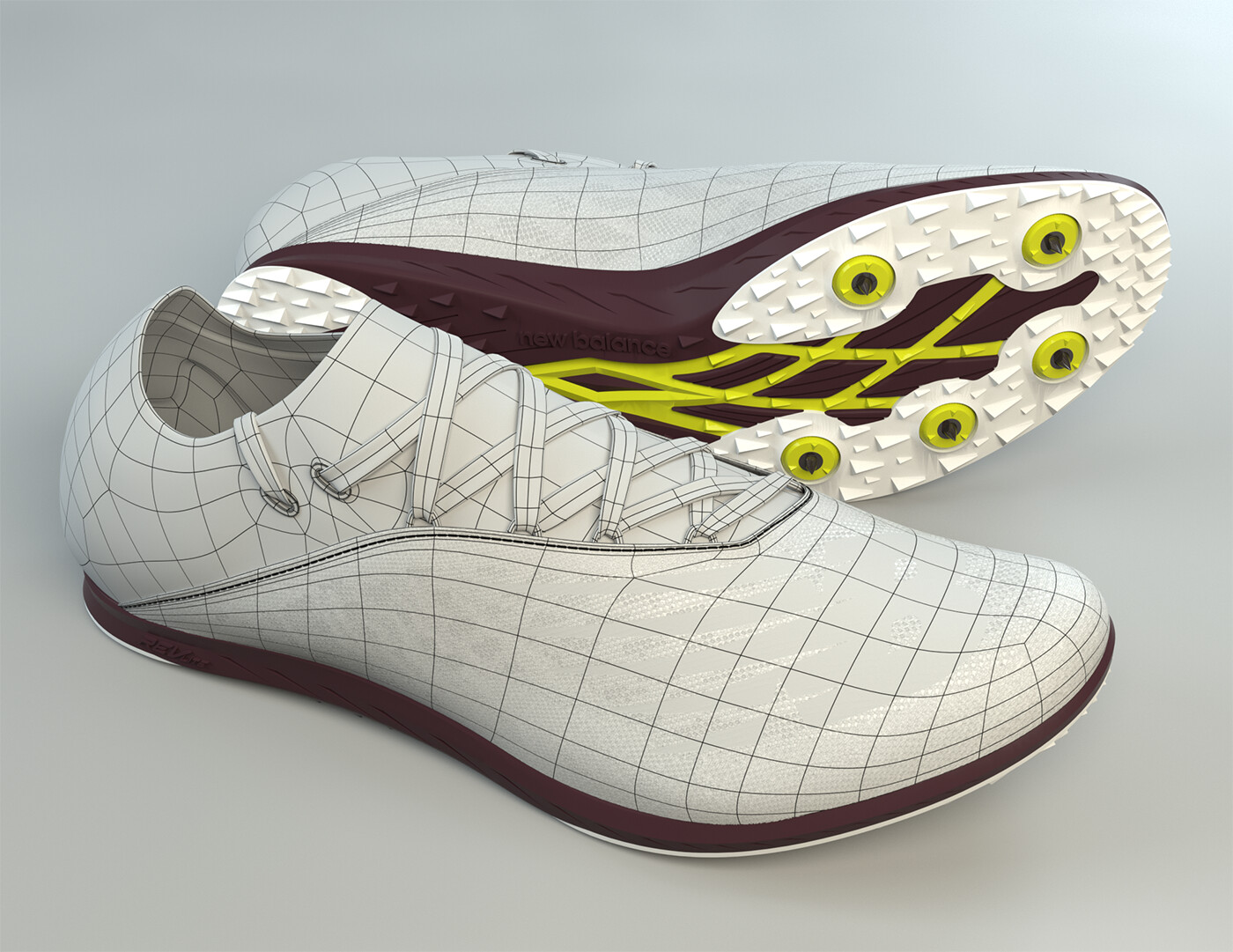 New Balance XC5Kv5 Shoe with wireframe on shaded.  The tooling/sole is from a CAD file.