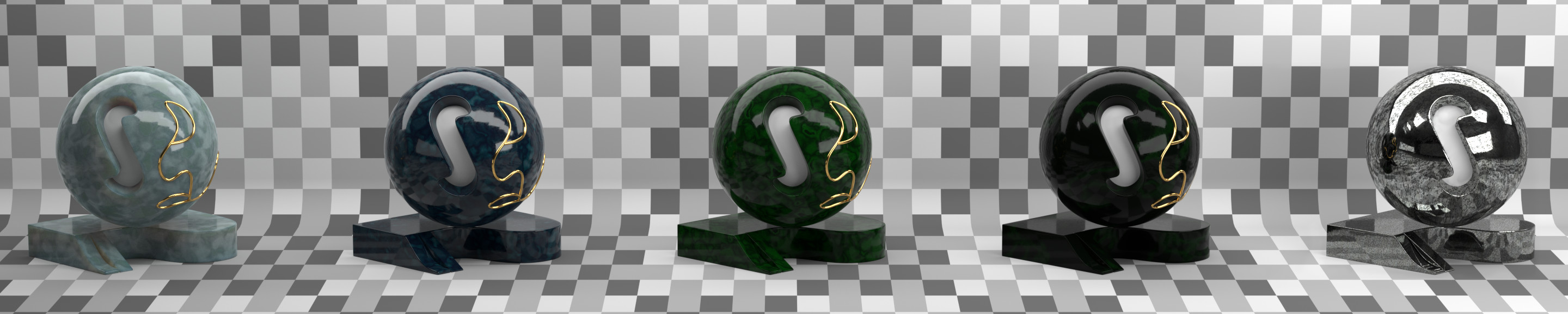 Material studies: 4 jade variations (procedural, inside Blender) and steel (from texture). 