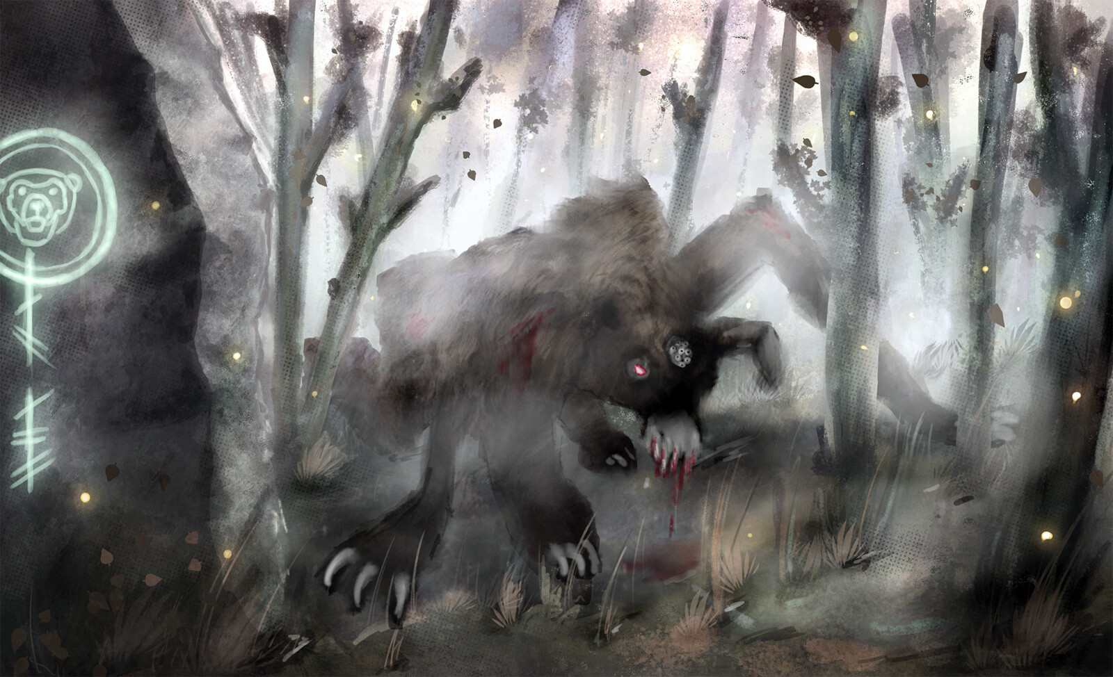 Mood illustration for an unpublished project. A bear monster in the misty woods of a Celtic island.