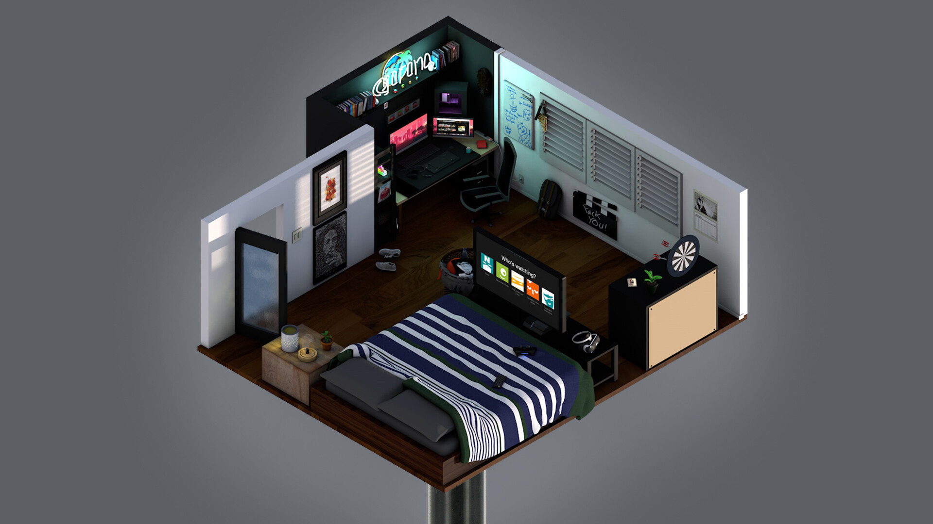 My room game. Компьютерная комната. Геймерские комнаты. Комната геймера с кроватью. Игровая/спляняя комната.
