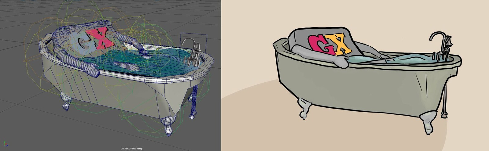 Process behind illustration work. 3D model everything first, then trace afterwards.