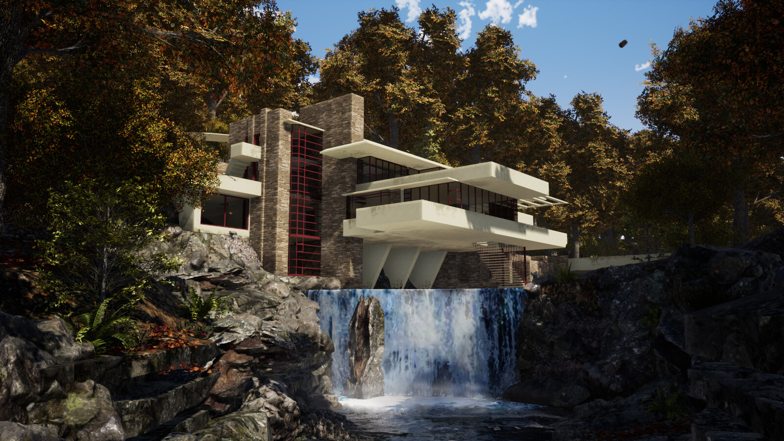 3D rendering of Falling Water House. Edited in Photoshop.