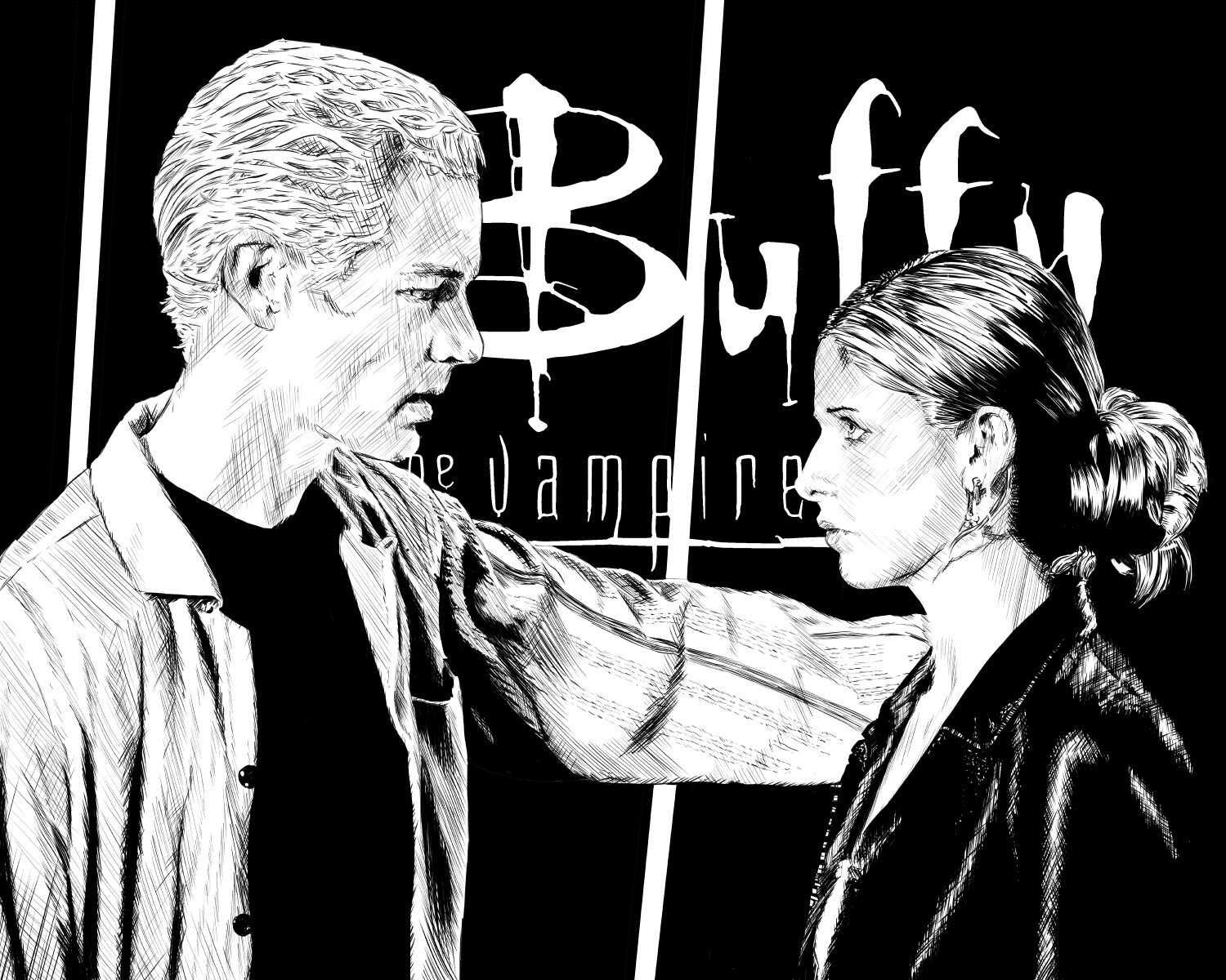 ArtStation Spike and Buffy from Buffy the Vampire Slayer (B+W