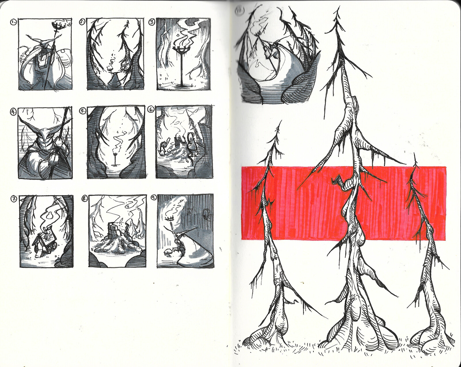 Rough thumbnail sketches with pen on paper