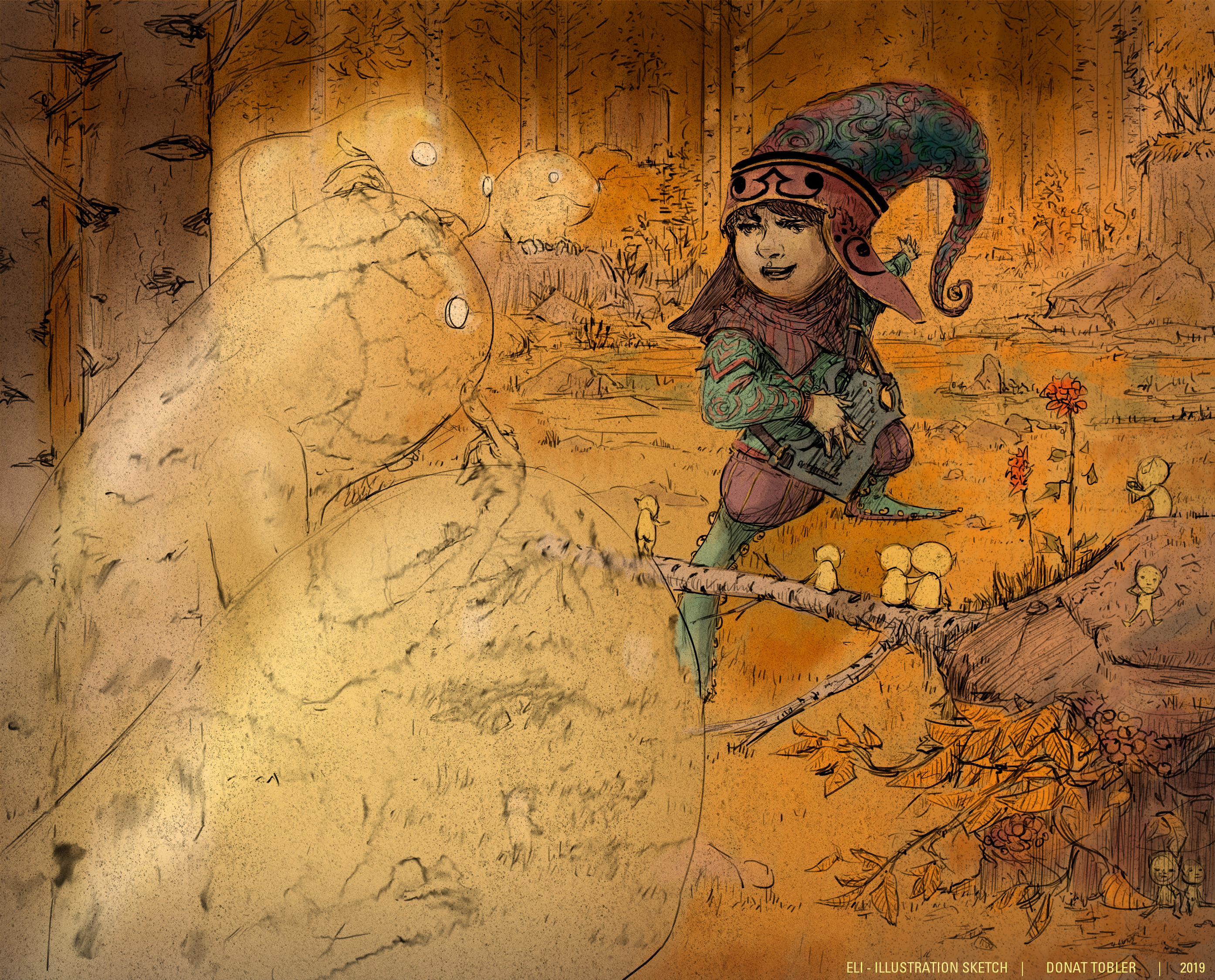Illustration Sketch: Eli talking to the birch spirits