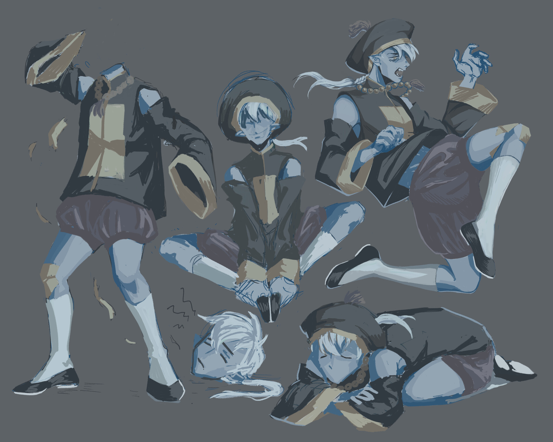 Kalli Zhang Jiangshi Character Reference Sheet Multiple drawings of the same character in different poses (キャラクター設定 character set or キャラ表 character table), or the character and their accessories drawn. jiangshi character reference sheet