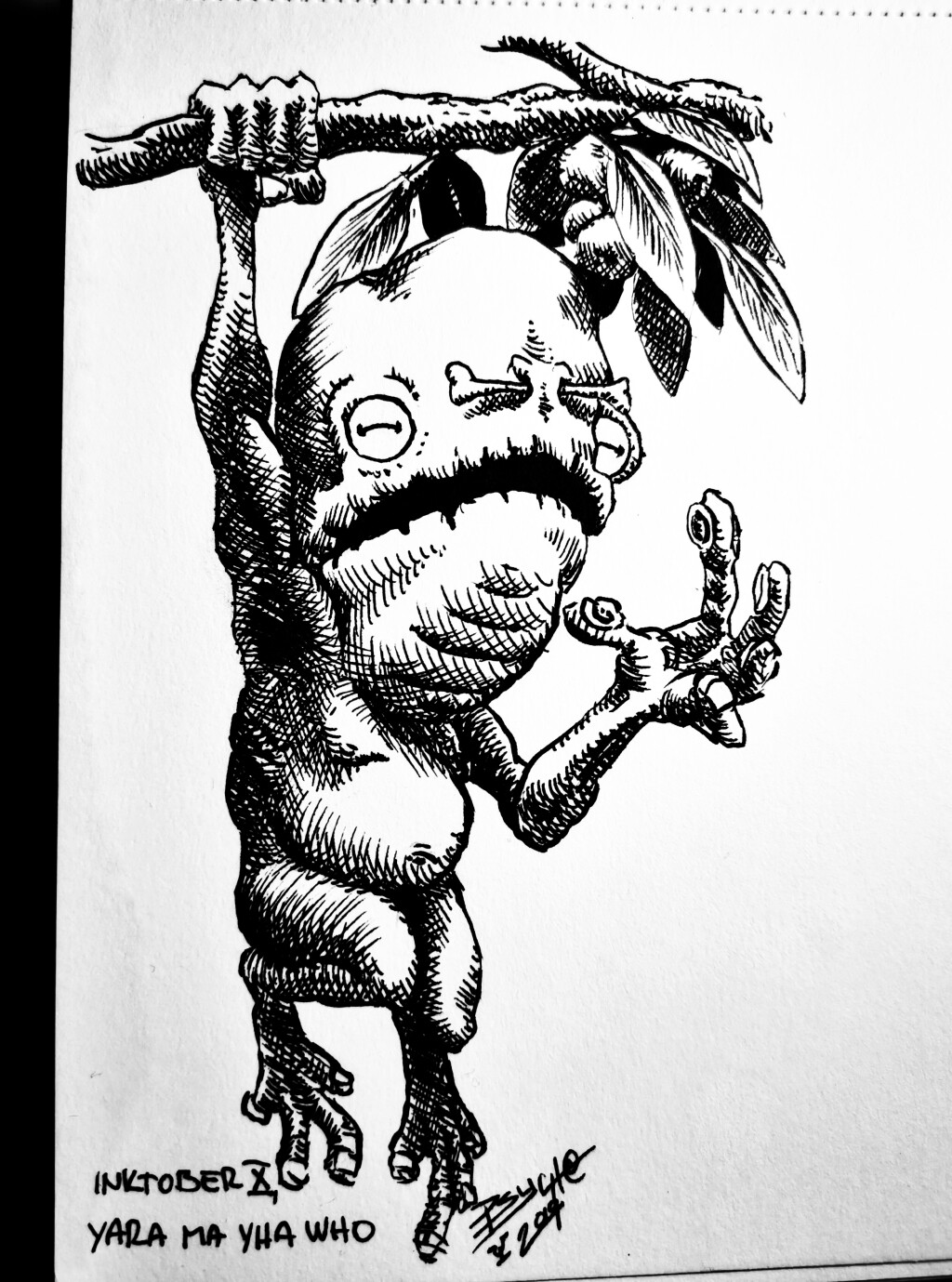 Yara Ma Yha Who - Short monkey man with bloated head and gaping frog mouth that waits in top of fig trees for its victims to suck their blood with its octopus like suckers on tips of its fingers and then devour them whole.