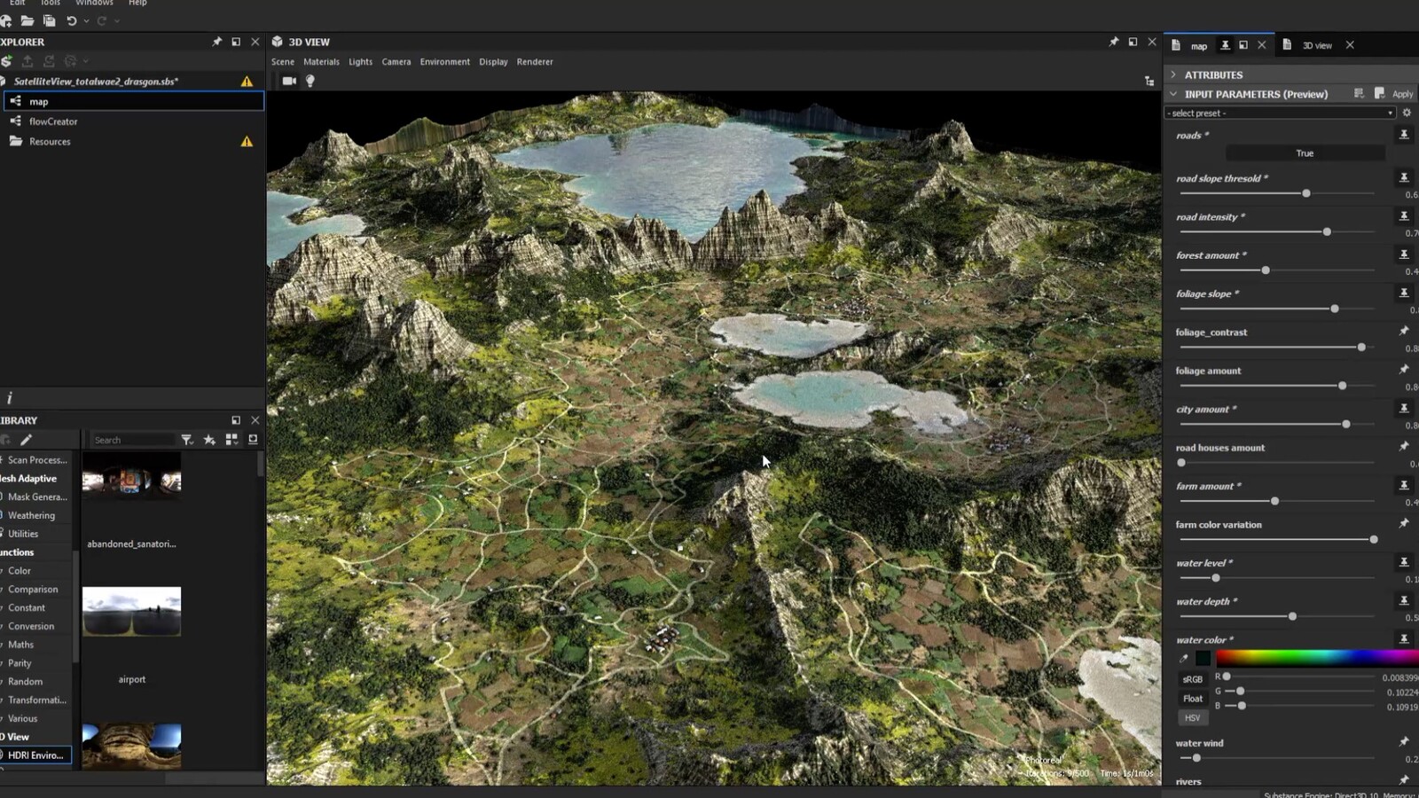 I imported the heightmap in SD as an Input node. I played with cities and roads. And exported the textures