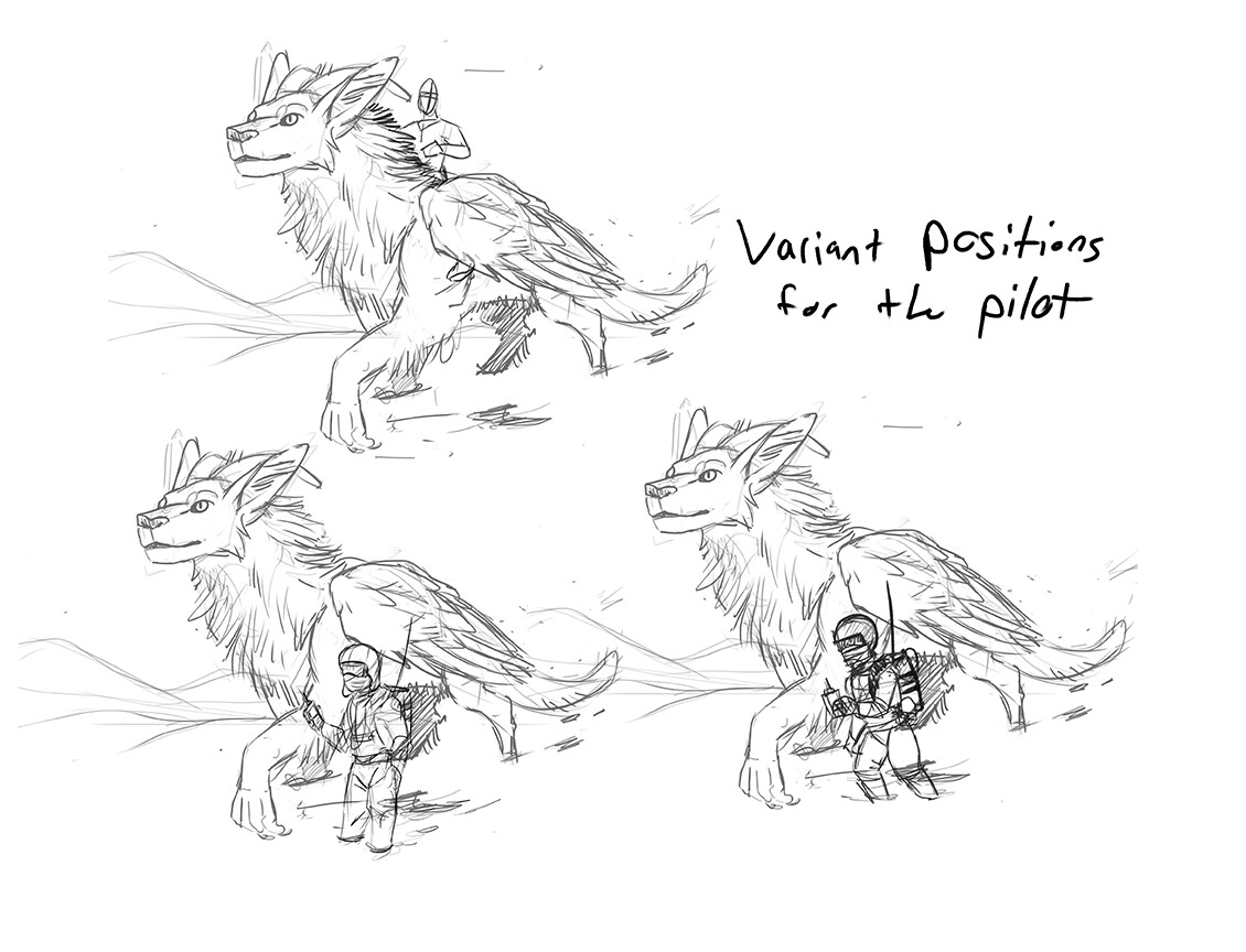 Variant poses/positions for the pilot. He was originally supposed to be riding on his back, but we wanted to help show the size/scale better of the characters. 