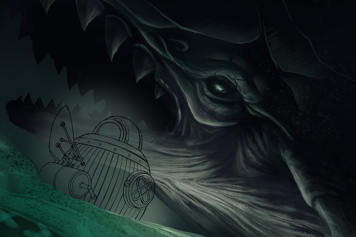 Redrew the sub at a better angle. An in-progress shot here. The design was based on David Bushnell's Turtle submersible with elements of classic diving suit helmets. 