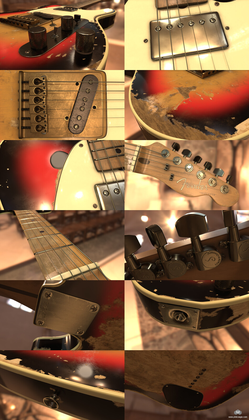Close ups. Unique to Andy's guitar are the out of phase switch, battery powered preamp, Gibson Humbucker pickup and the brass bridge and saddles. The lead pickup is screwed directly into the body rather than onto the bridge plate. 
