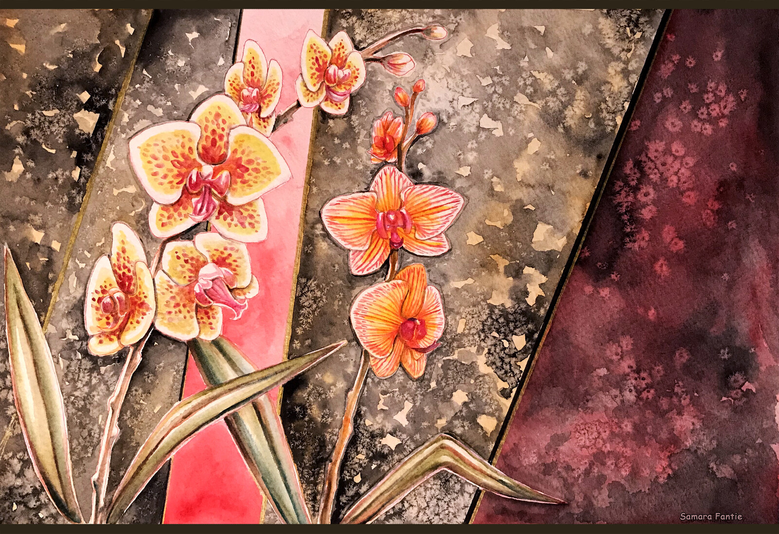 Imaginary orchids painted with watercolor, pencil, and ink.