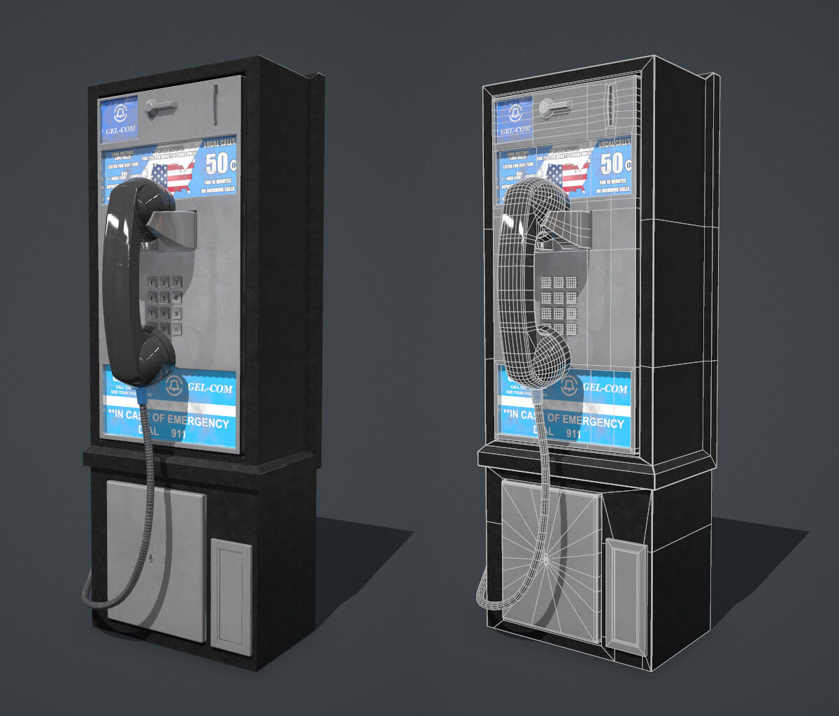 Payphone PBR prop (+ prop wireframe) for interactive 3D environment. Maya, Substance Painter, Marmoset Toolbag.