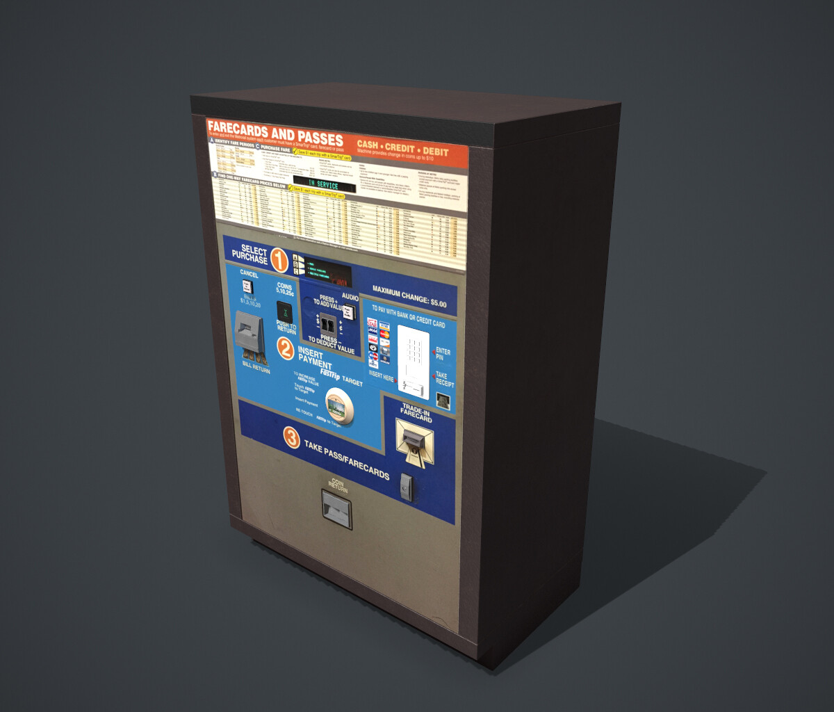 Metro Fare Machine PBR prop for interactive 3D environment. Maya, Substance Painter, Marmoset Toolbag.