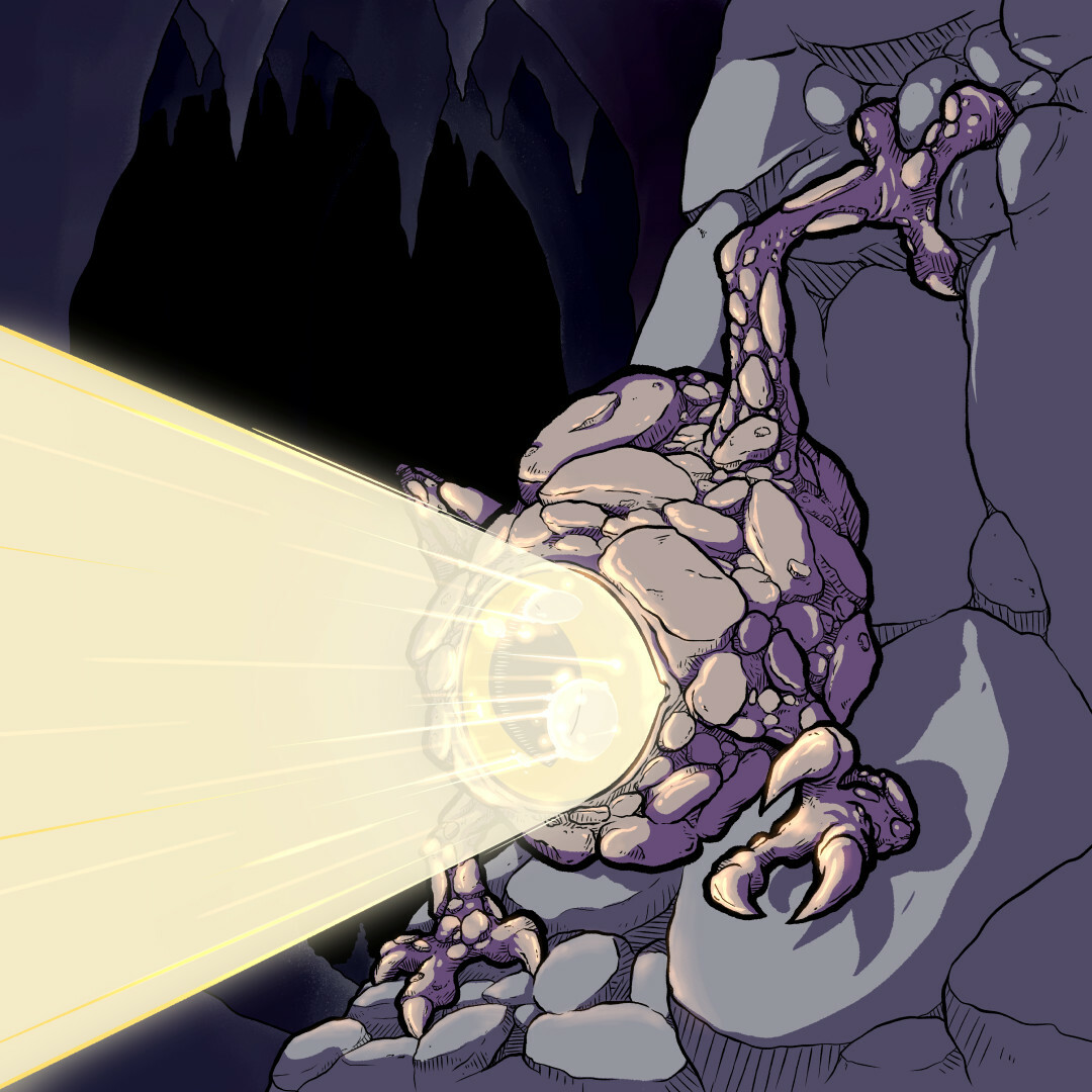 A small underground monster that crawls across the cavern wall with its four clawed hands. It has a single large eye which can shine with its own light, otherwise its stony skin blends in with the rock. It has no mouth and is said to feed on evil alone.
