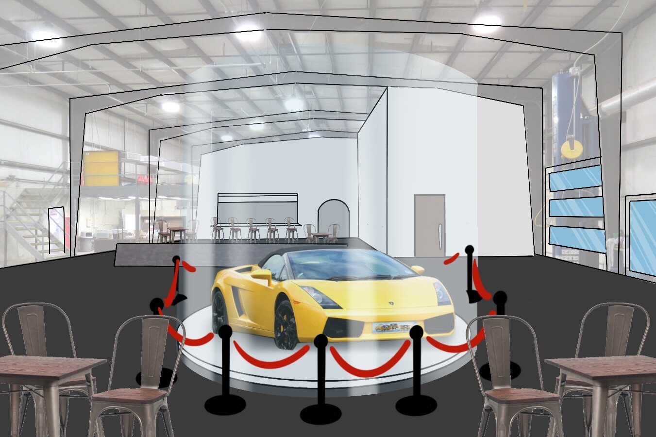 The centerpiece of the restaurant will be a luxury car, as ad space for a dealership, spinning on a display platform, encased in protective glass and sleek velvet rope.  ... *Read more in the description*