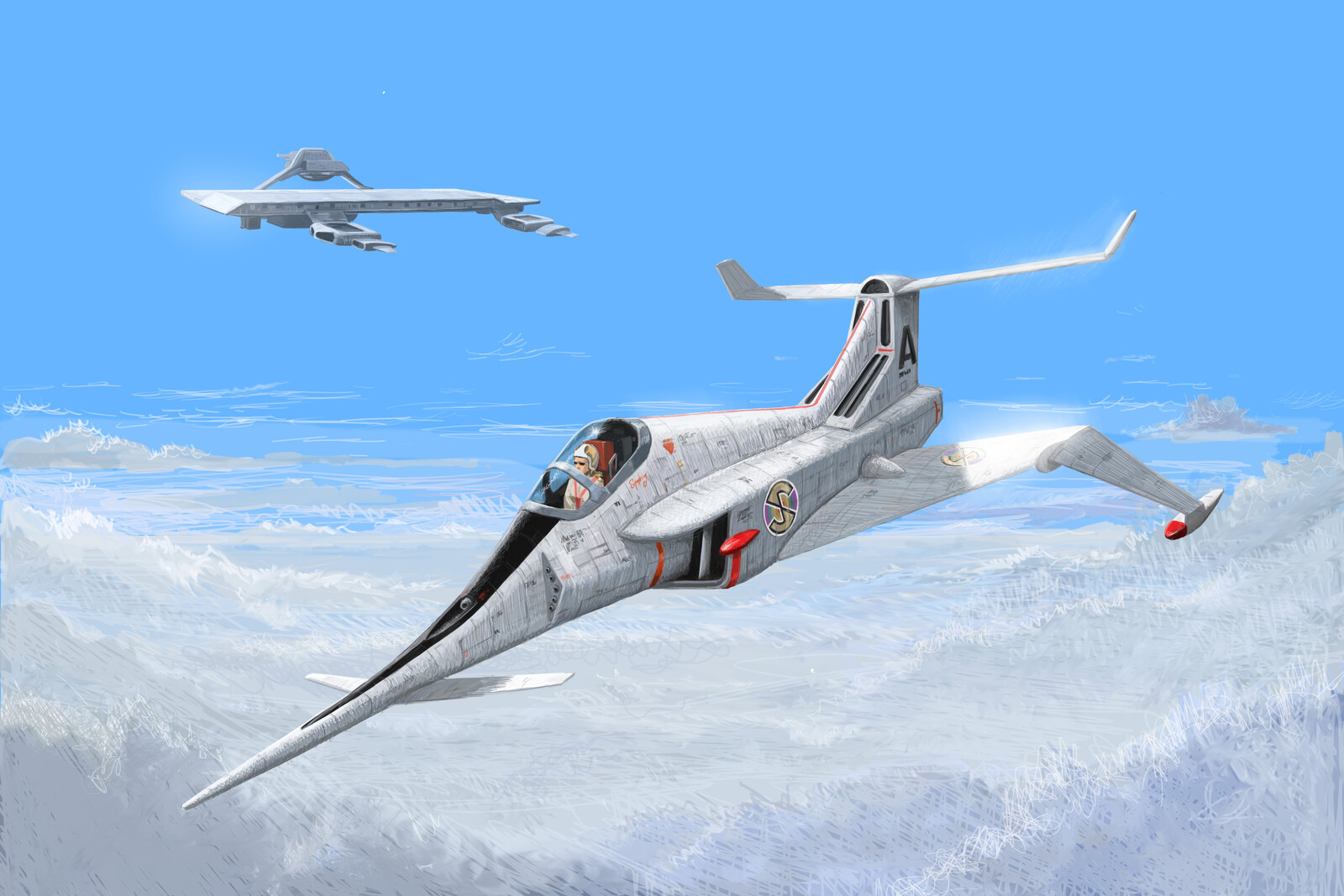 ANGEL INTERCEPTOR
From the 1960s Gerry Anderson TV Series 'Captain Scarlet and the Mysterons'. The strike aircraft of Spectrum stationed at Spectrum headquarters - Cloudbase.  The Angel was designed by the series' Visual Effects Director Derek Meddings.