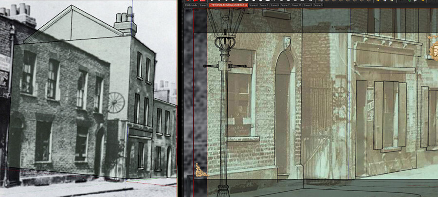 Berner Street was an interesting crime scene full of conflicting eyewitness descriptions and information, but with some good illustrations and photos.
Using the two photos we have of this scene, I mapped out the buildings accurately.