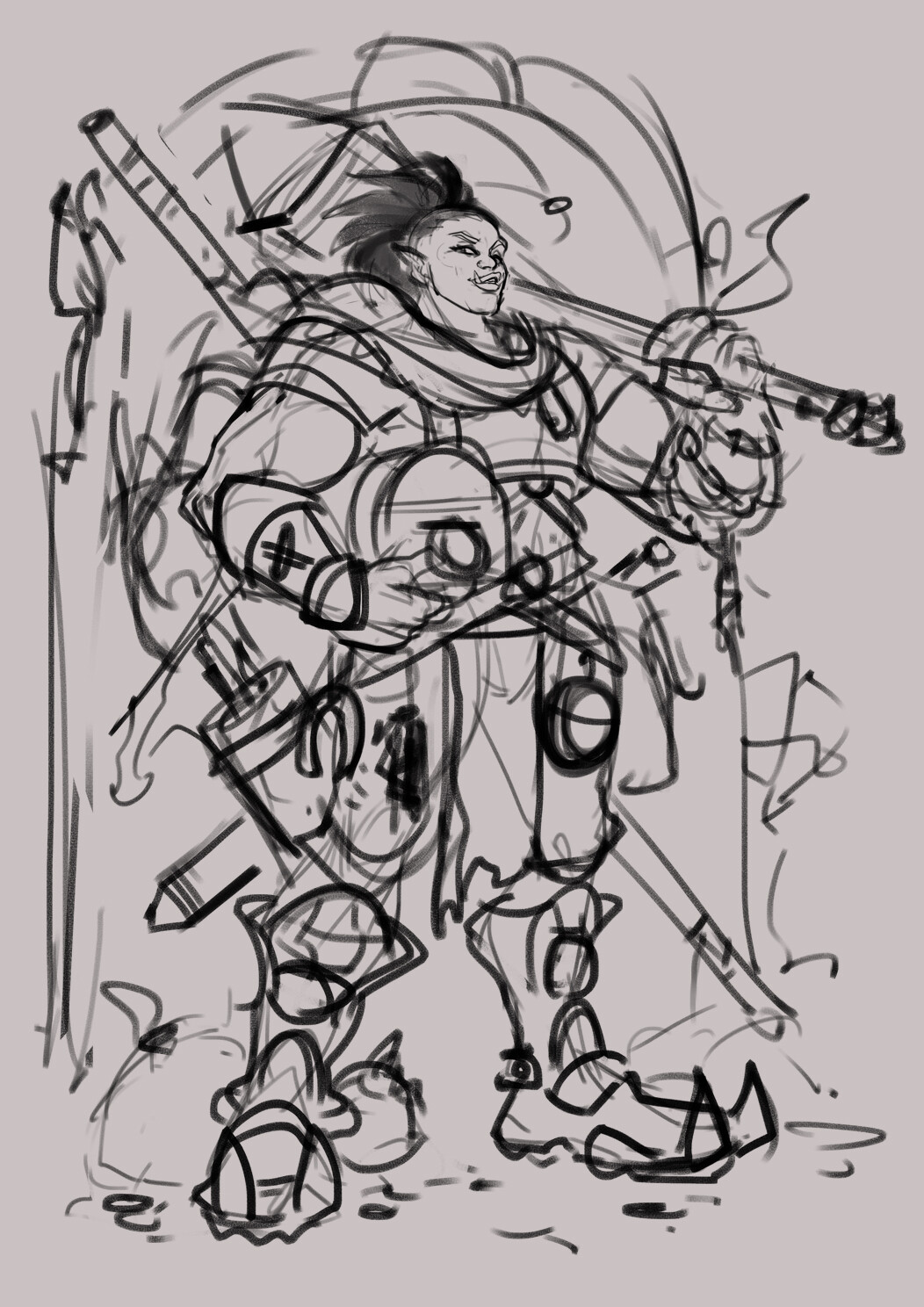 Initial rough. The design for this character came together really quickly, only the balance and composition of the elements needed adjusting