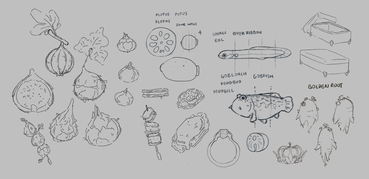 A snippet of concept art for ingredients and props