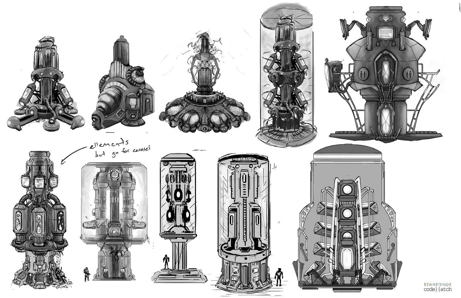 Vat Designs. These roughs departed from the grown human concept and explored cryo pods.