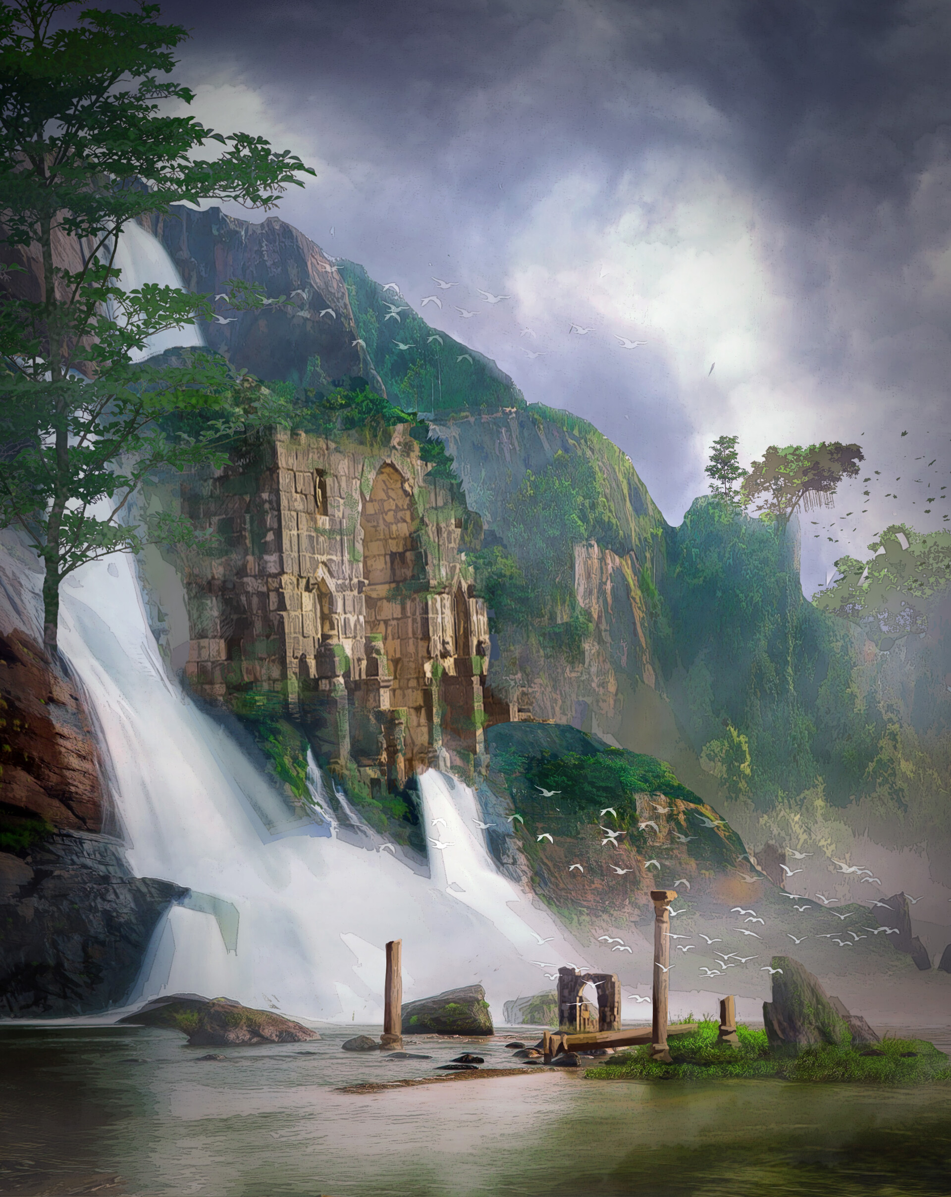 The Ruins and Waterfall by ItzMino on DeviantArt