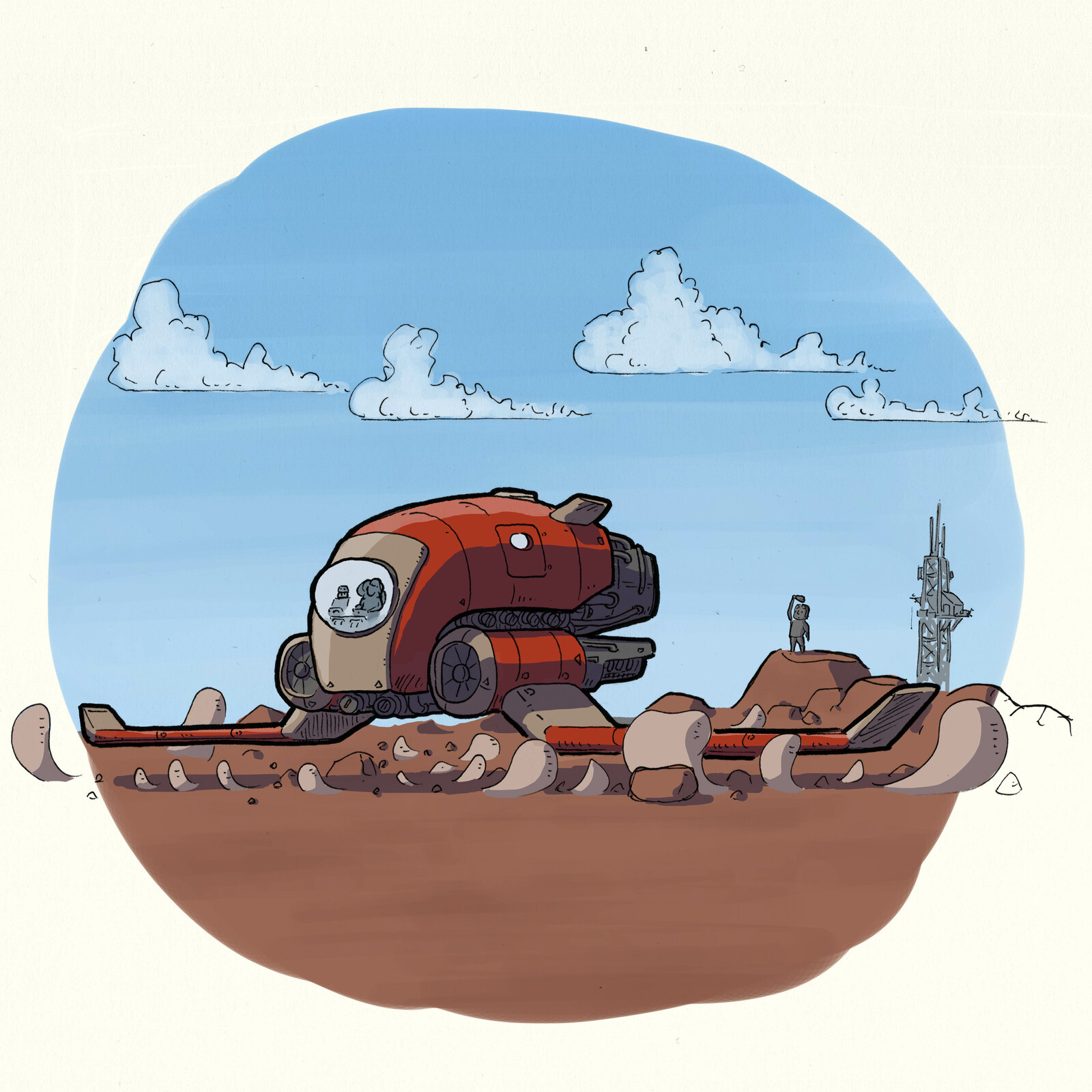 8-Leaving
Once the ~~coffee machine~~ space ship was fixed, it was time for Ek and Och to take off. Pok chose to stay for he had another coffee machine to fix.