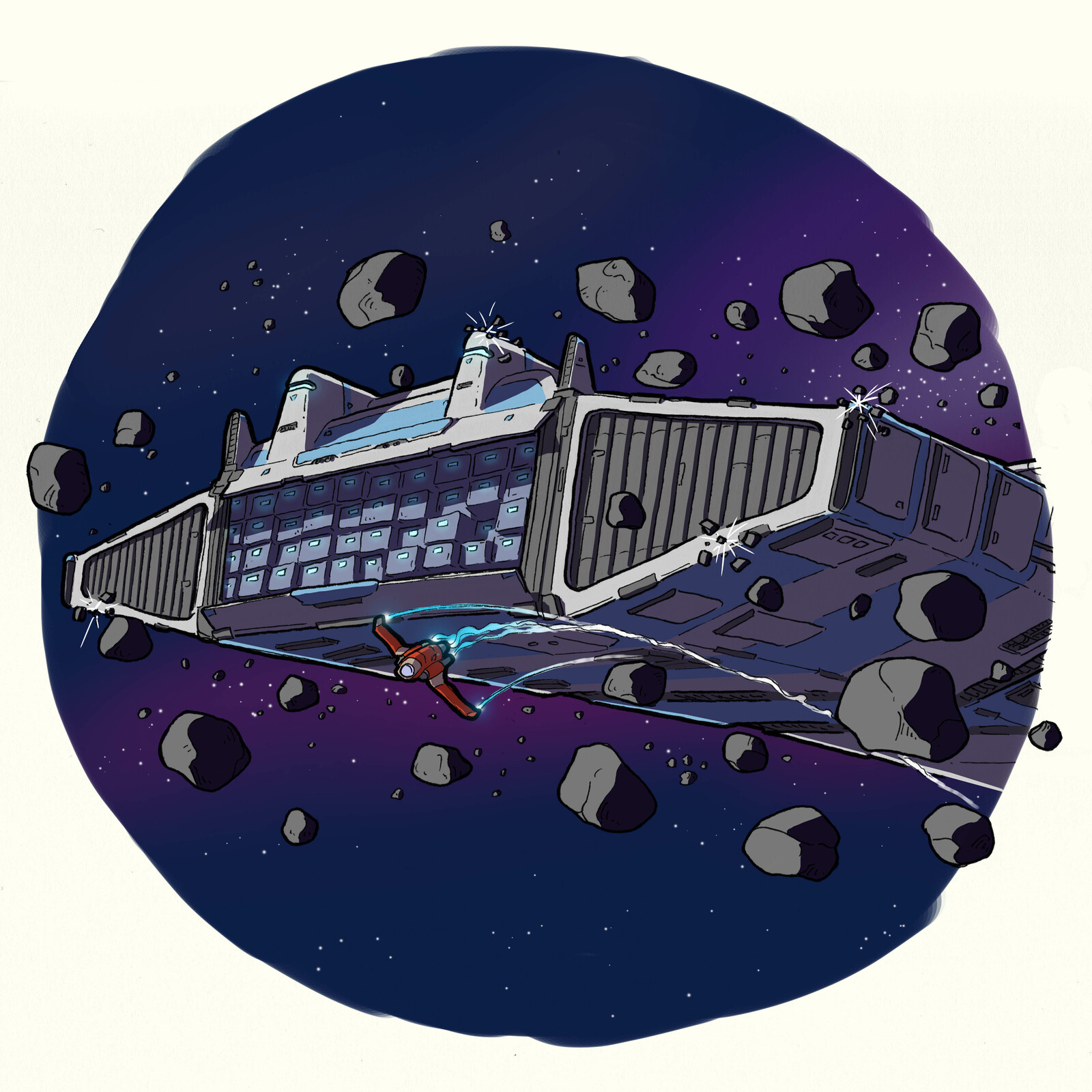 12-Bump into someone
Suddenly a huge ship went crashing through the asteroids in front of Ek and Och. This massive automated administrative ship was transporting some space-paperwork and did not mind anything on its way.