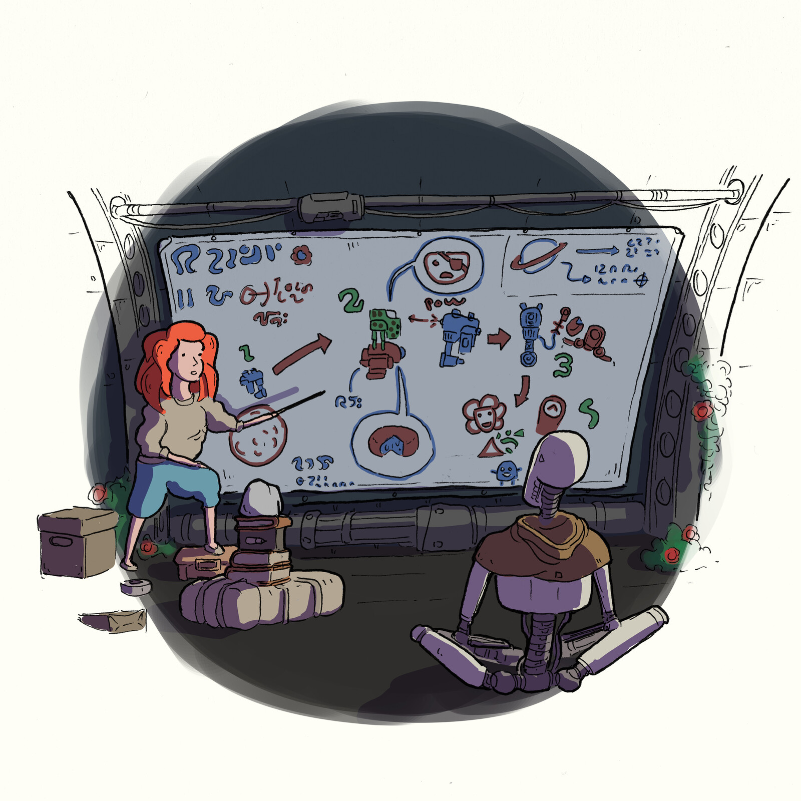 26-Team Up
Once the space-junk-ship was running, Ek, Och and the robot devised a 4 step plan to recover the cheese. 1- take-off, 2- shoot the pirates 3- recover the cheese 4- cheese party