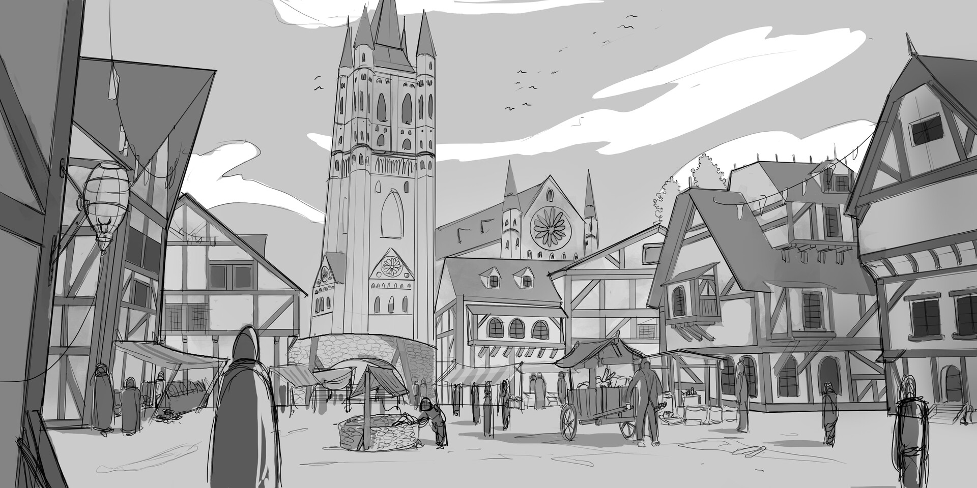 Medieval Marketplace Drawing