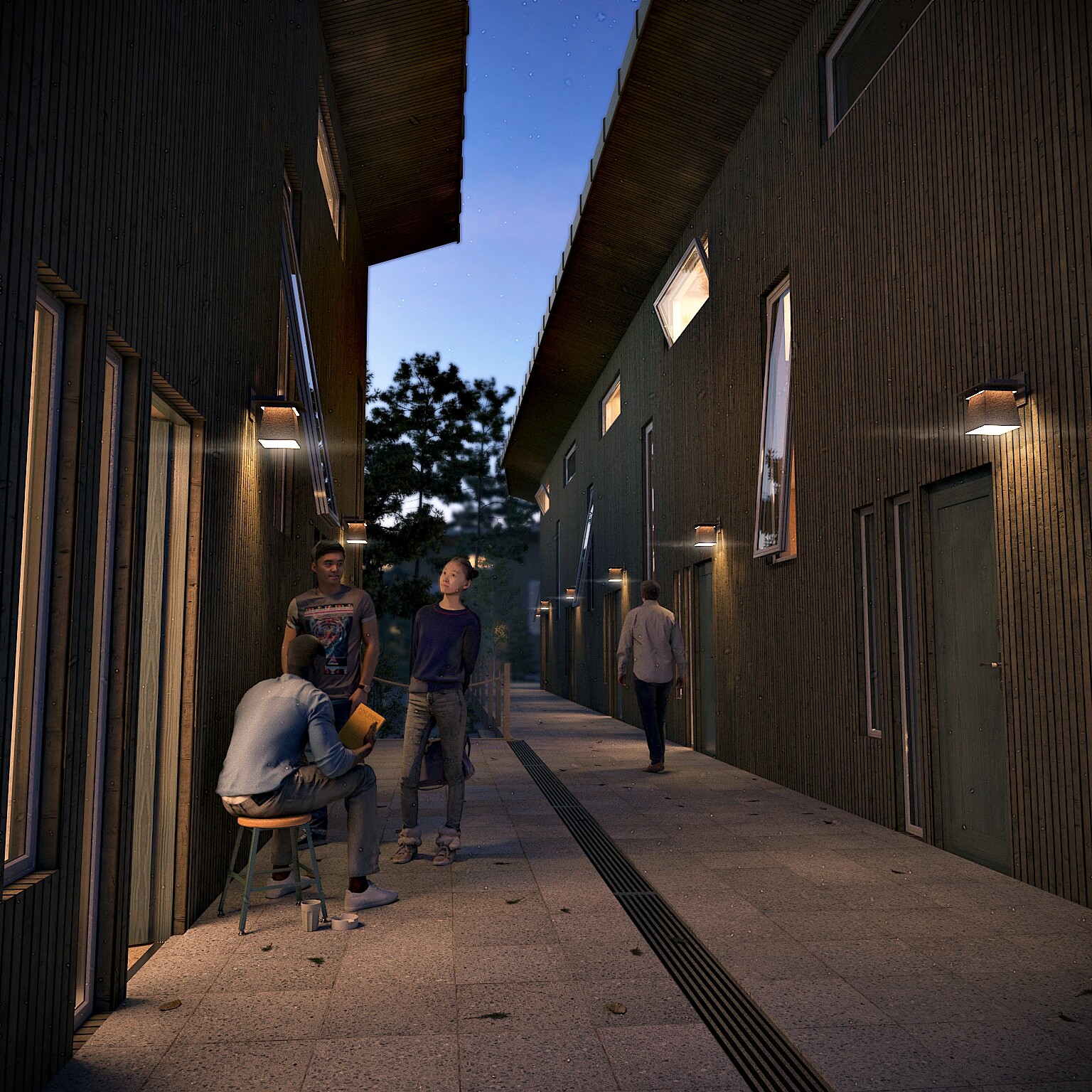 Exterior view of the raised 'streets' formed by my proposal. Summer time.