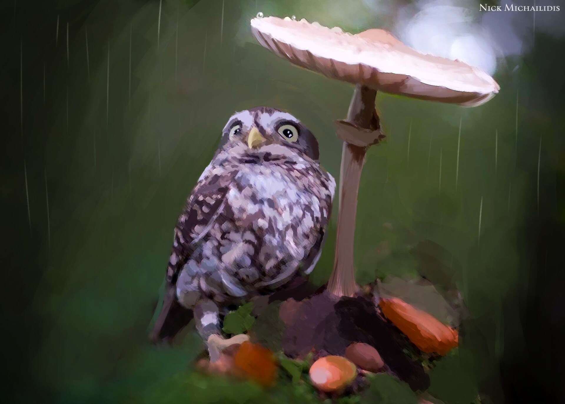 ArtStation Owl hiding from the rain under a mushroom