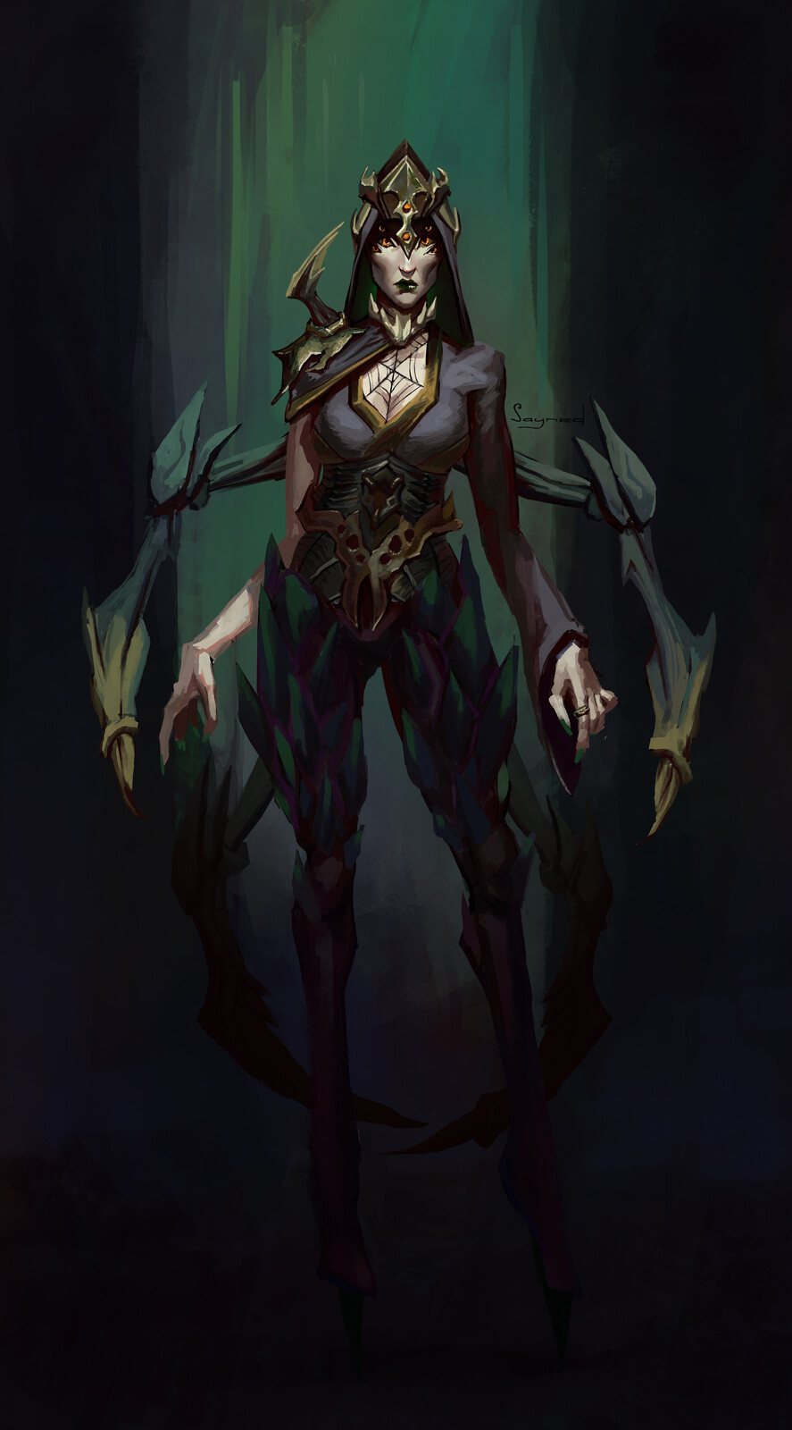 Glamour shot of the skin design. I wanted to imitate Diablo concept art in one way or another in this piece. I think i'm at least somewhat successful with it!